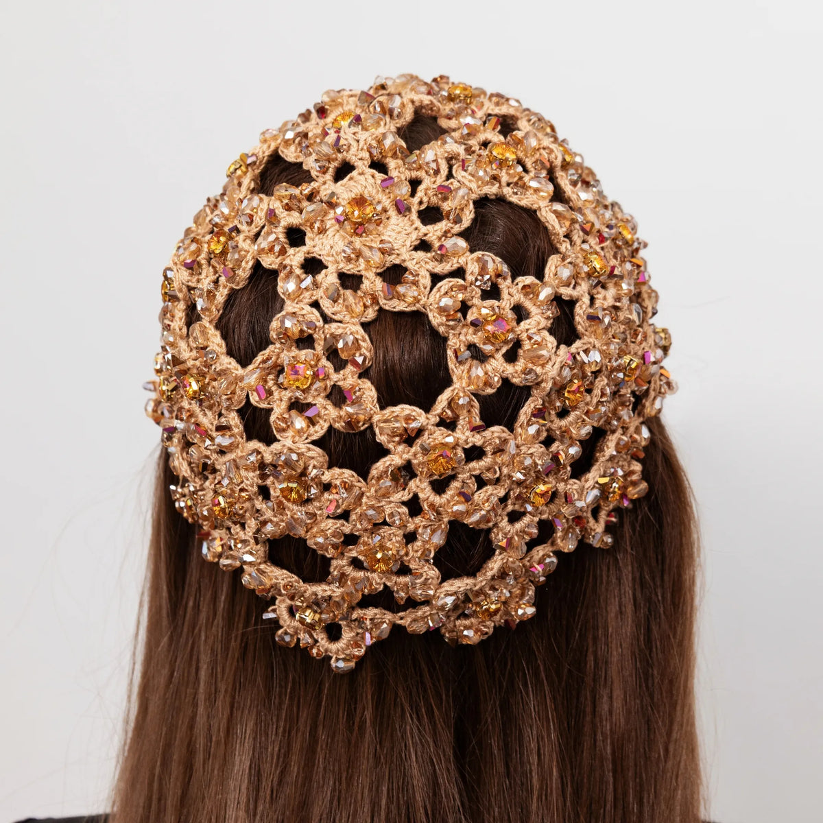 Flower beanie Amanda with beads & rhinestones caramel