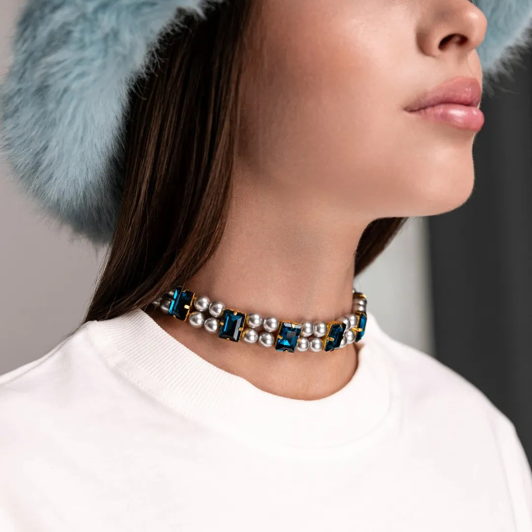 Necklace Becca with rhinestones &amp; pearls Teal