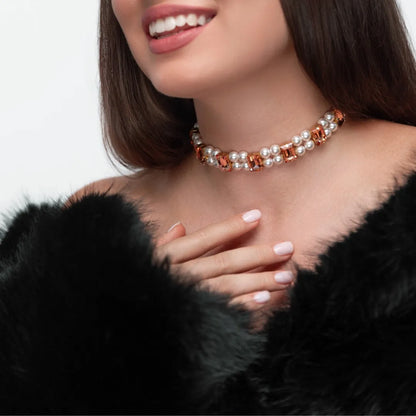Necklace Becca with rhinestones &amp; pearls Peach