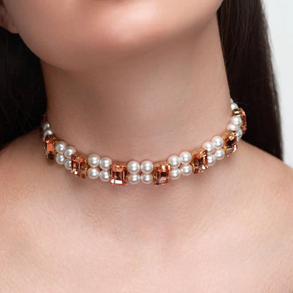 Necklace Becca with rhinestones &amp; pearls Peach