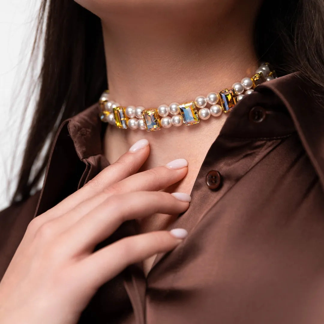 Necklace Becca with rhinestones &amp; pearls Aurora Borealis