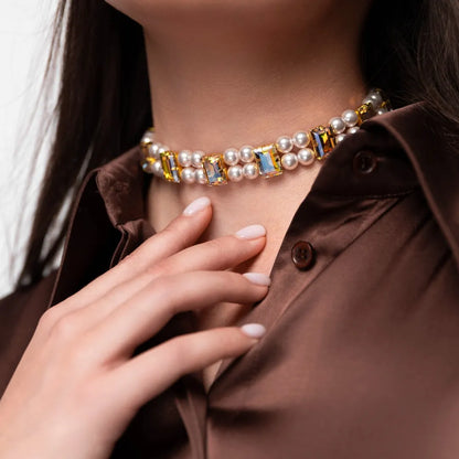 Necklace Becca with rhinestones &amp; pearls Aurora Borealis
