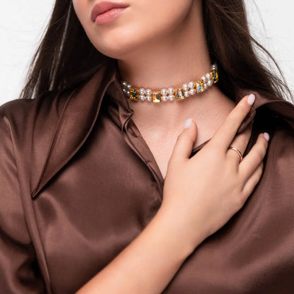 Necklace Becca with rhinestones &amp; pearls Aurora Borealis