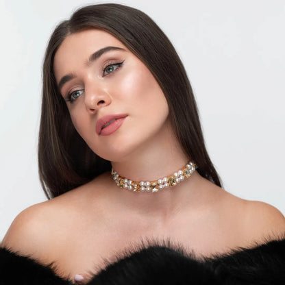 Necklace Becca with rhinestones &amp; pearls Gold