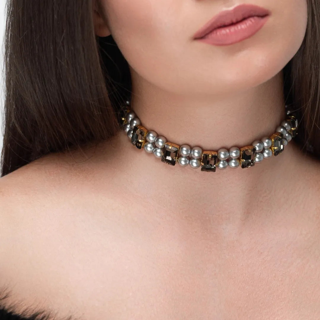 Necklace Becca with rhinestones &amp; pearls Graphite