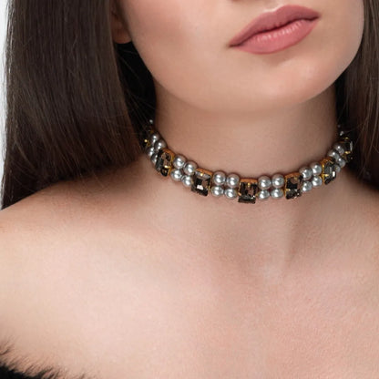 Necklace Becca with rhinestones &amp; pearls Graphite