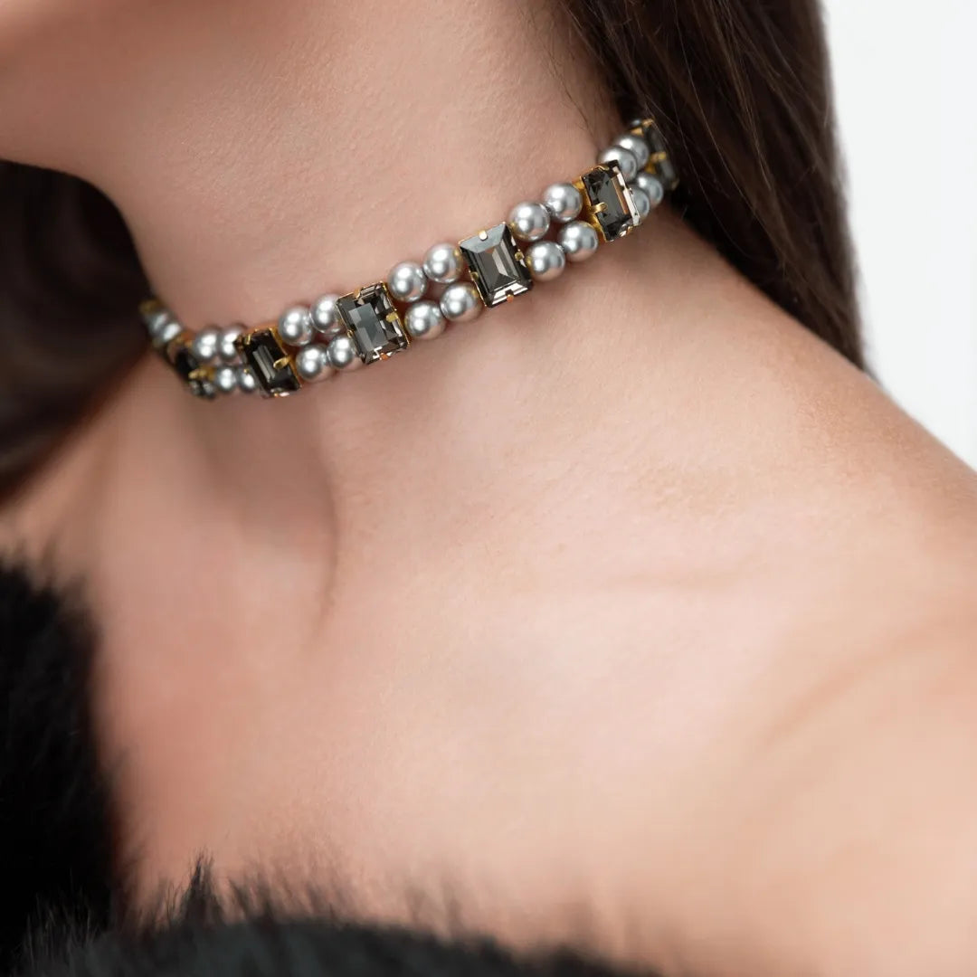 Necklace Becca with rhinestones &amp; pearls Graphite
