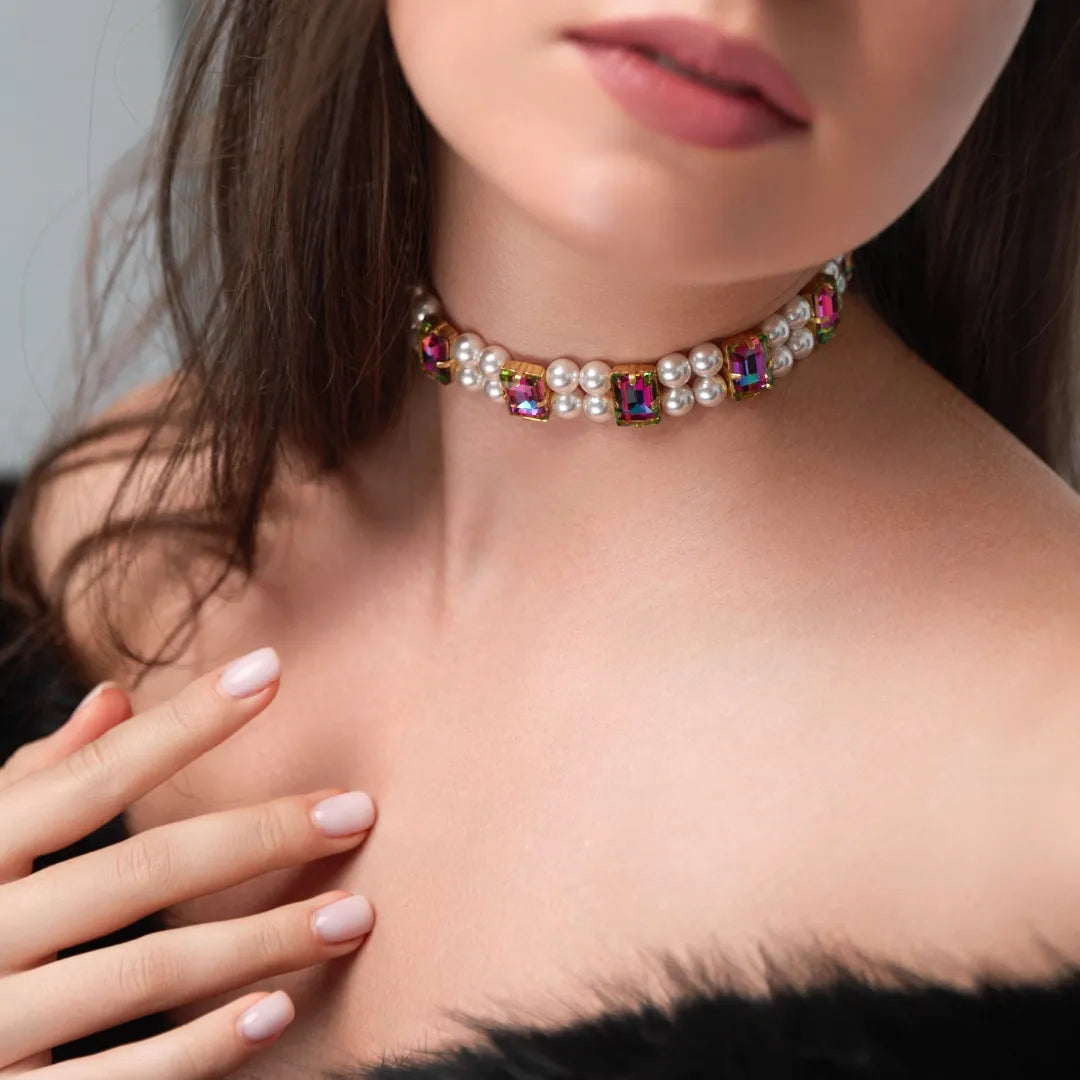 Necklace Becca with rhinestones &amp; pearls Raspberry Green