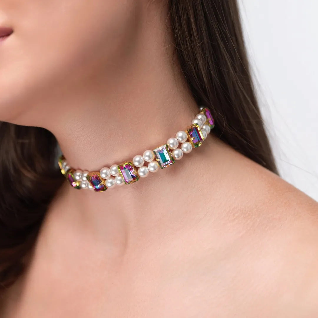 Necklace Becca with rhinestones &amp; pearls Raspberry Green