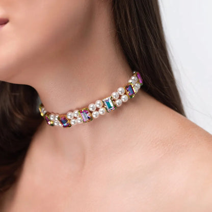 Necklace Becca with rhinestones &amp; pearls Raspberry Green