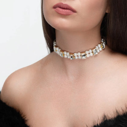 Necklace Becca with rhinestones &amp; pearls White