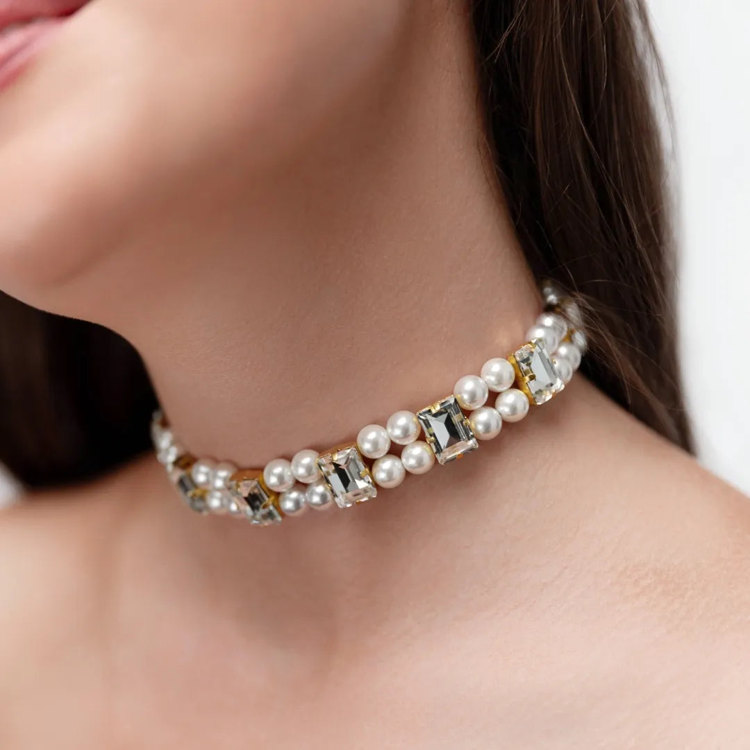 Necklace Becca with rhinestones &amp; pearls White