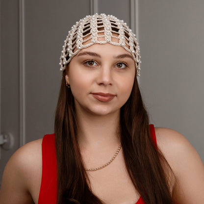 Mesh beanie Audrey with pearls sand ivory