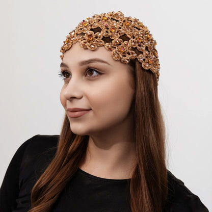 Flower beanie Amanda with beads &amp; rhinestones caramel