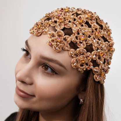 Flower beanie Amanda with beads &amp; rhinestones caramel