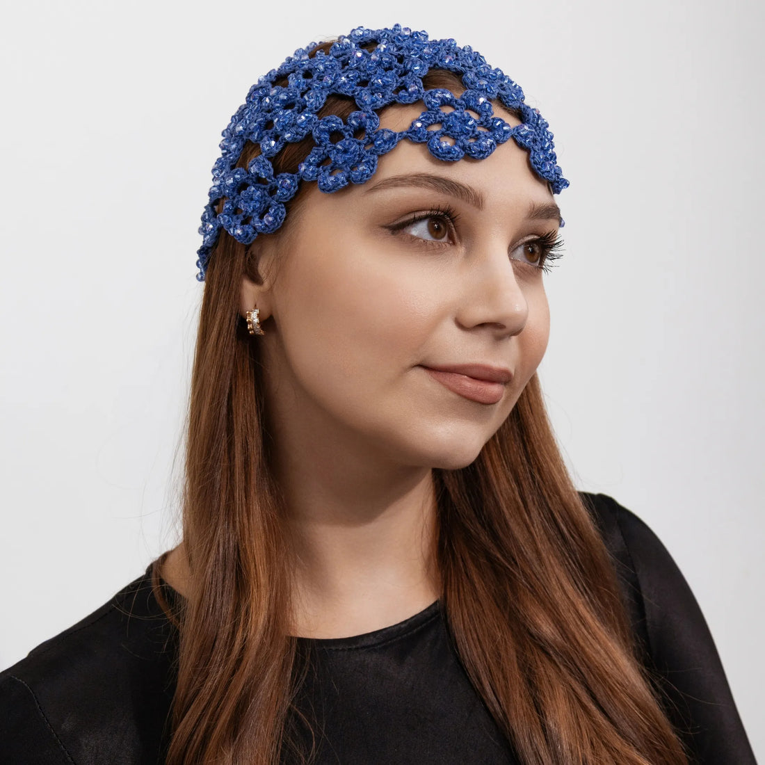 Flower beanie Amanda with pearls & bicones navy blue