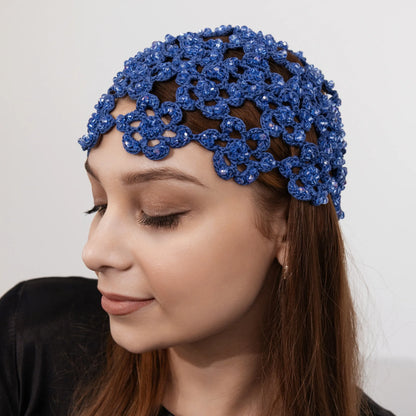 Flower beanie Amanda with pearls &amp; bicones navy blue