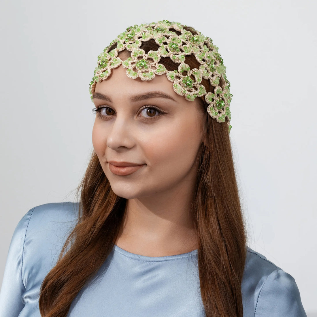 Flower beanie Amanda with beads &amp; rhinestones matcha latte