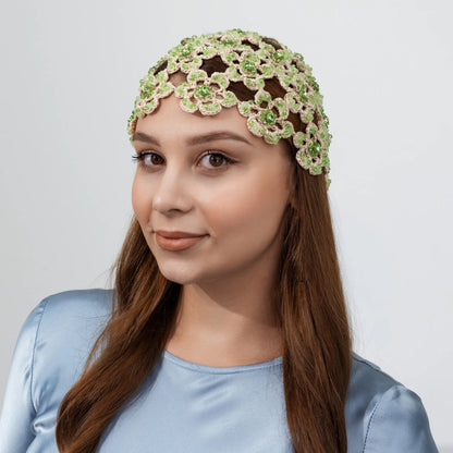 Flower beanie Amanda with beads &amp; rhinestones matcha latte