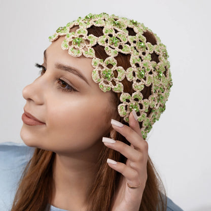 Flower beanie Amanda with beads &amp; rhinestones matcha latte