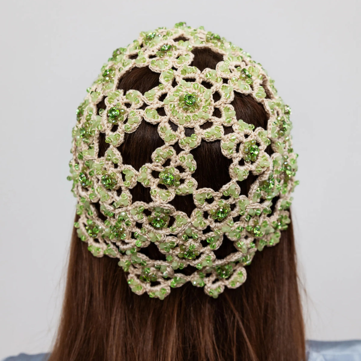 Flower beanie Amanda with beads &amp; rhinestones matcha latte