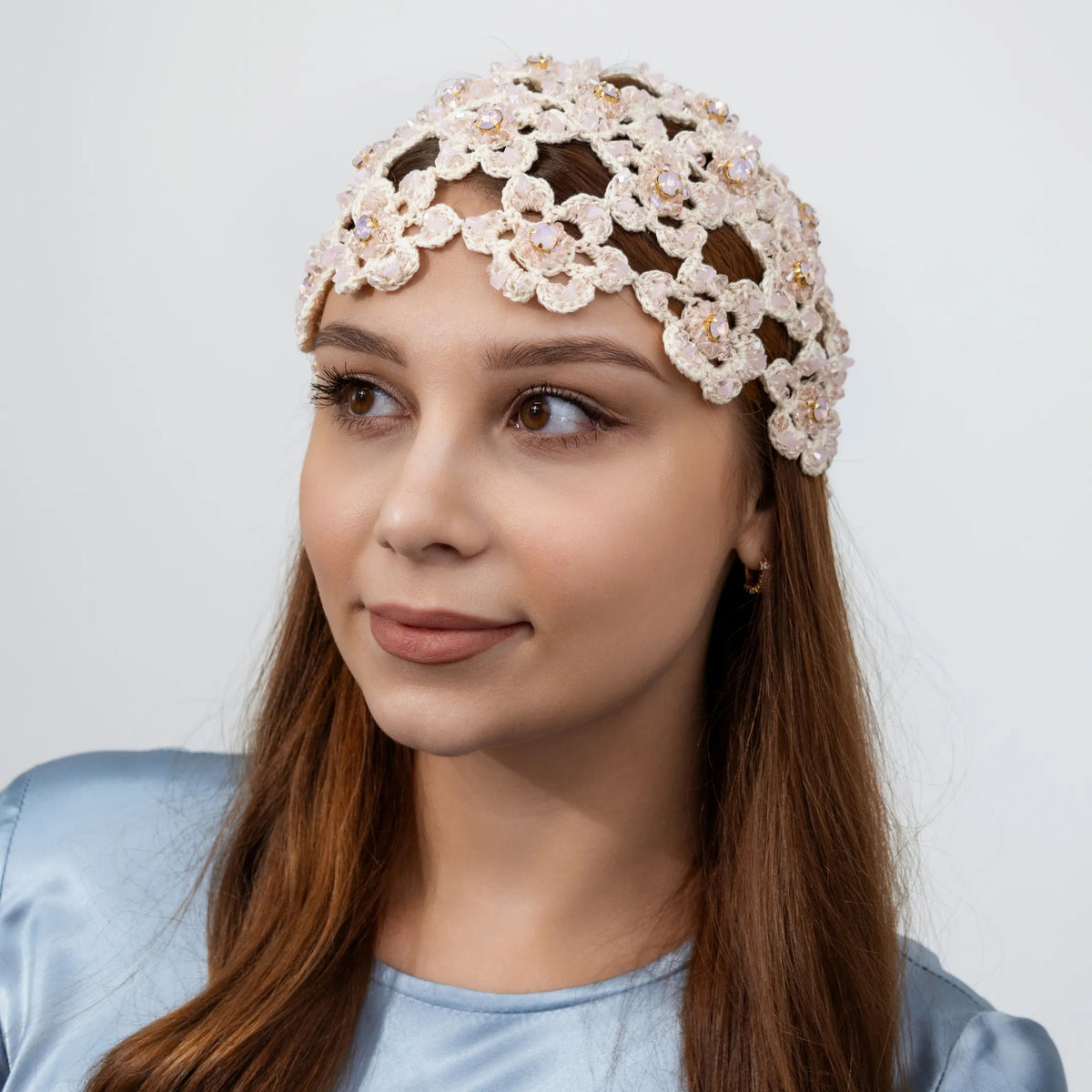 Flower beanie Amanda with beads &amp; rhinestones lavender