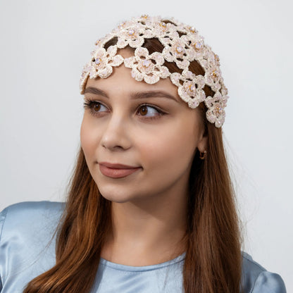 Flower beanie Amanda with beads &amp; rhinestones lavender