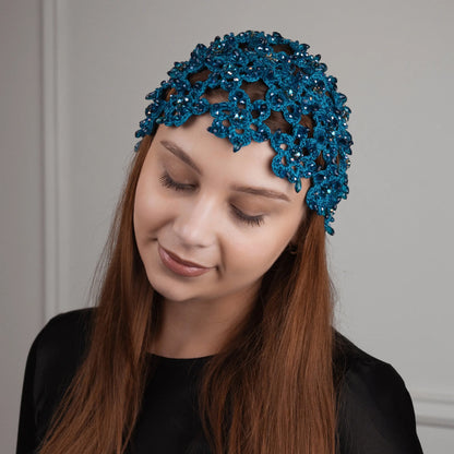 Flower beanie Amanda with beads &amp; rhinestones teal