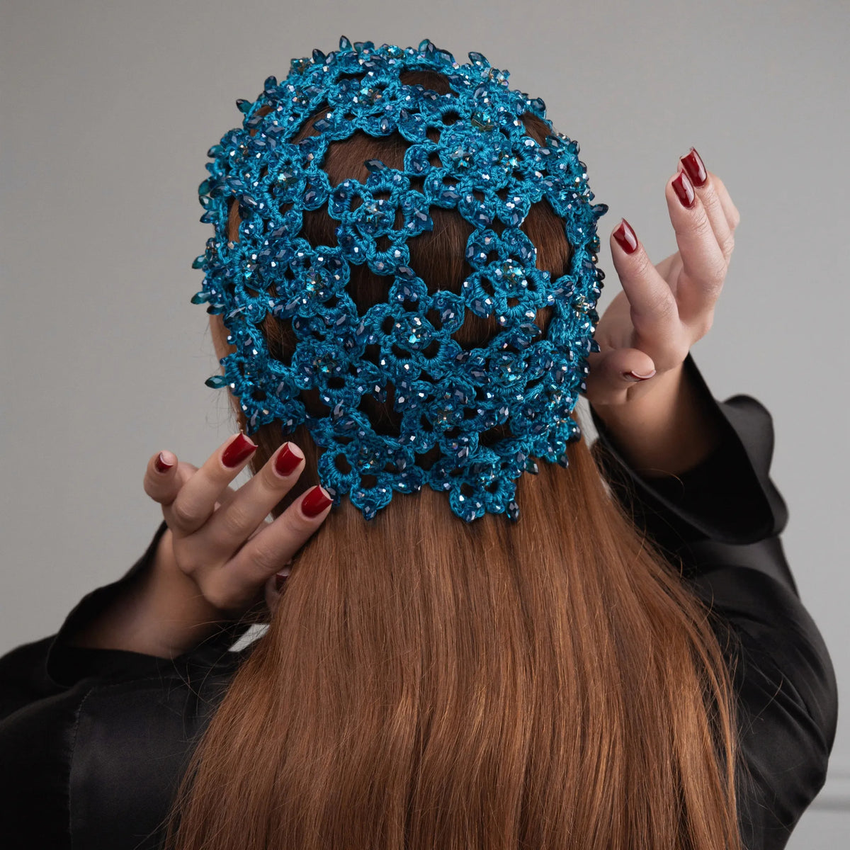 Flower beanie Amanda with beads &amp; rhinestones teal