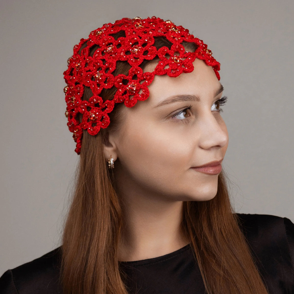 Flower beanie Amanda with beads &amp; rhinestones red