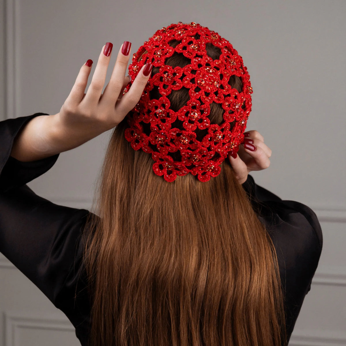 Flower beanie Amanda with beads &amp; rhinestones red