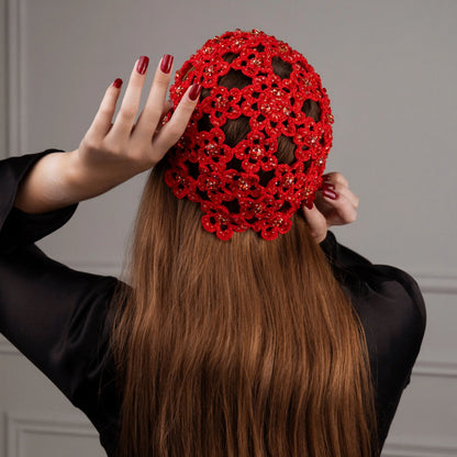 Flower beanie Amanda with beads &amp; rhinestones red