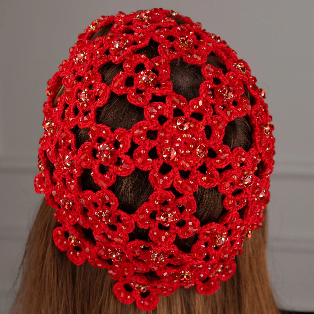 Flower beanie Amanda with beads &amp; rhinestones red