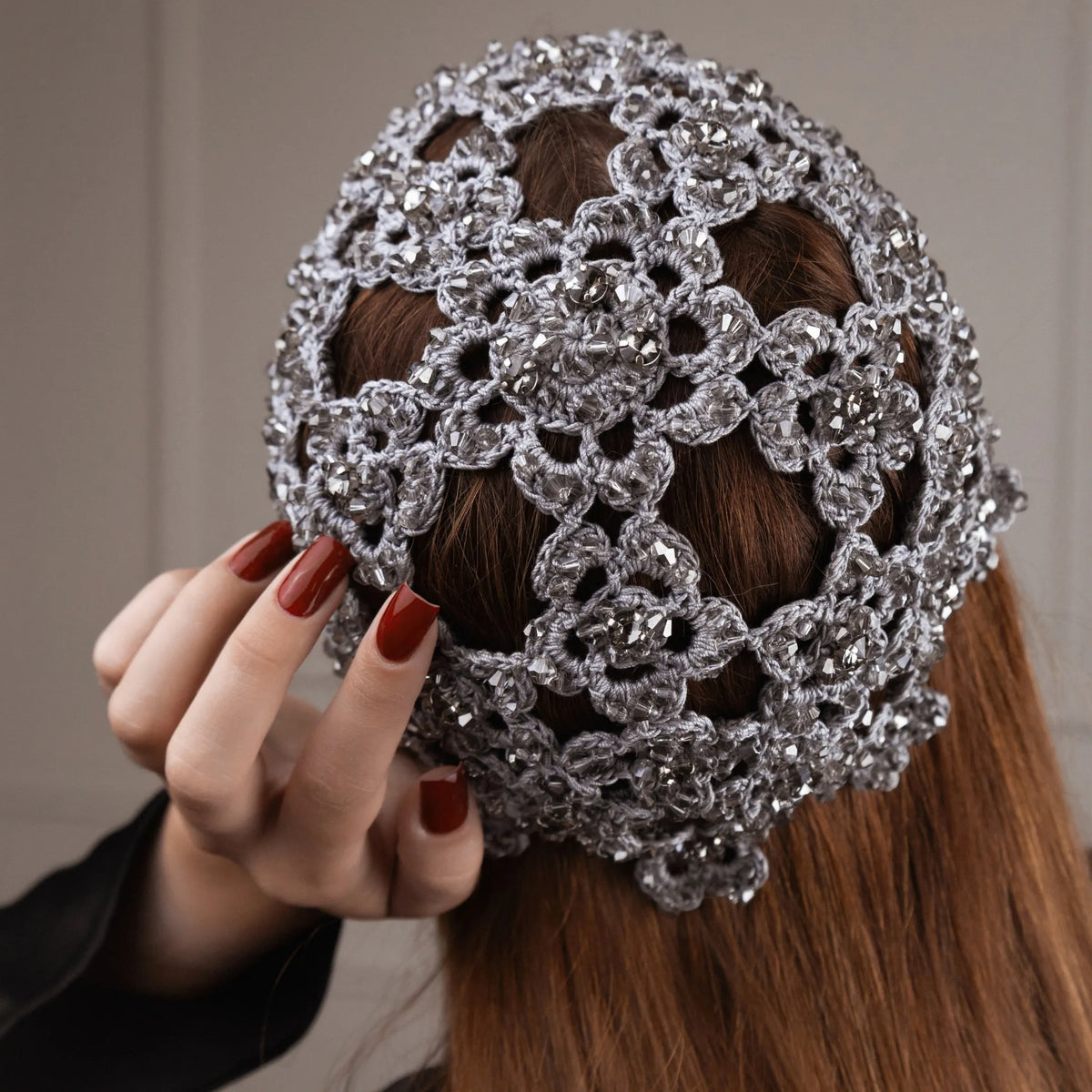 Flower beanie Amanda with beads &amp; rhinestones gray