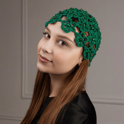 Flower beanie Amanda with beads &amp; rhinestones green