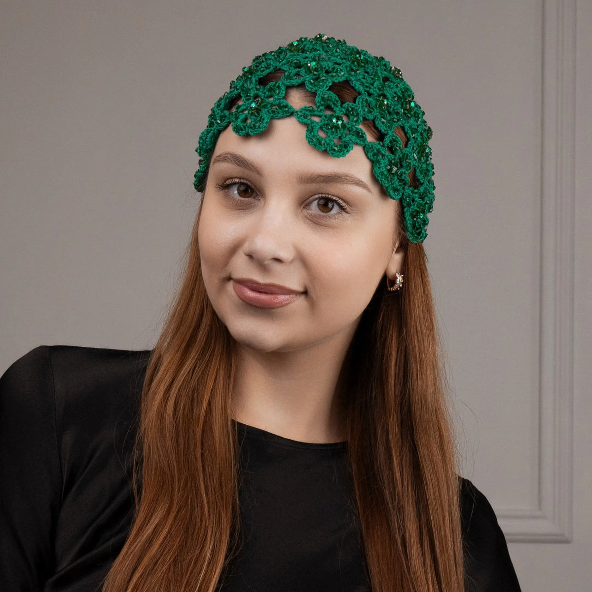 Flower beanie Amanda with beads &amp; rhinestones green