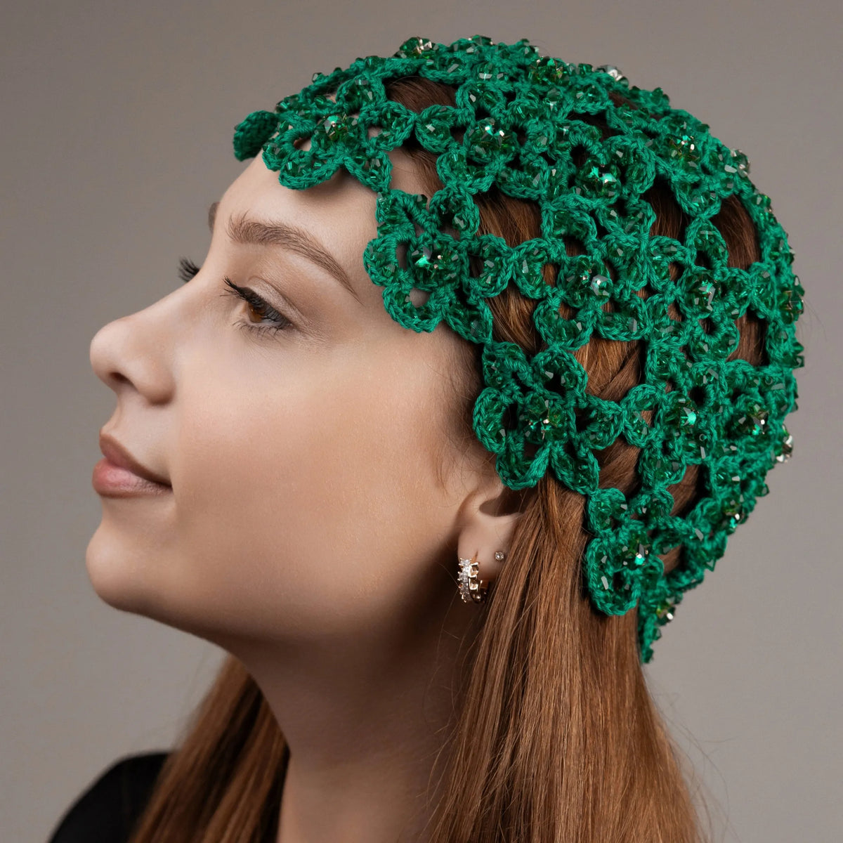 Flower beanie Amanda with beads &amp; rhinestones green