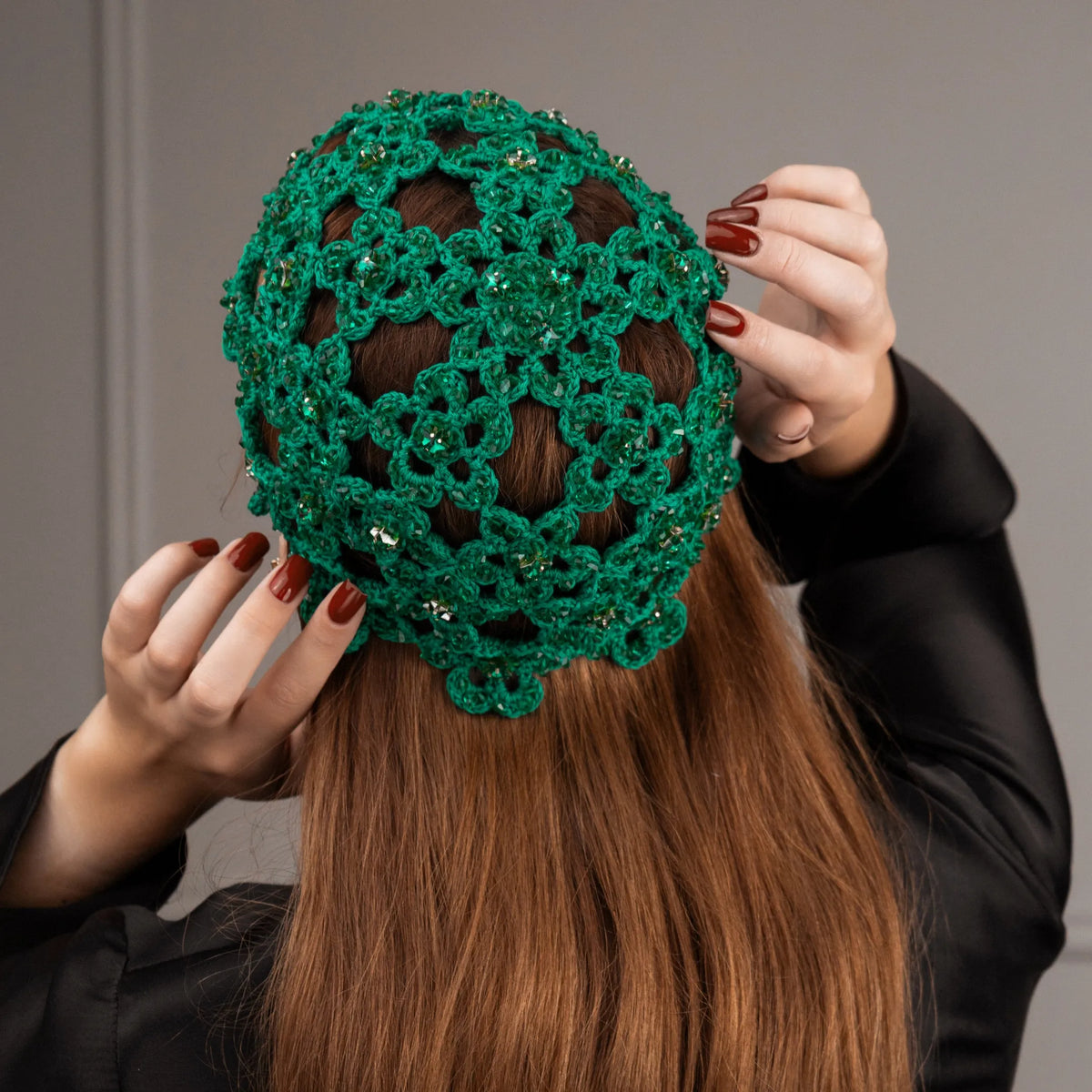 Flower beanie Amanda with beads &amp; rhinestones green