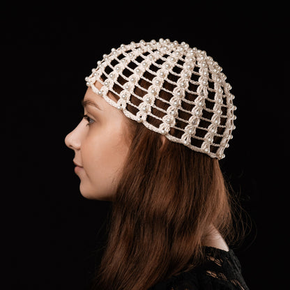 Mesh beanie Audrey with pearls ivory